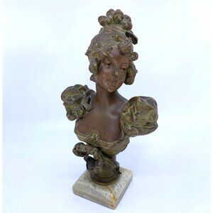 Vintage Art Nouveau Style Young Lady Bust Bronze Tone 11" Alabaster Base